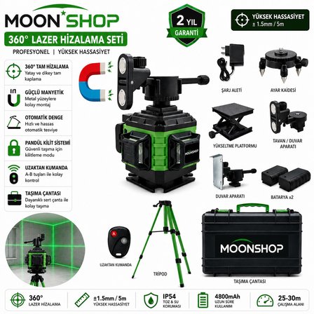Moonshop 360° Yeşil Lazer Hizalama Seti Şarjlı 16 Çizgili Tripodlu Profesyonel Lazer Terazi