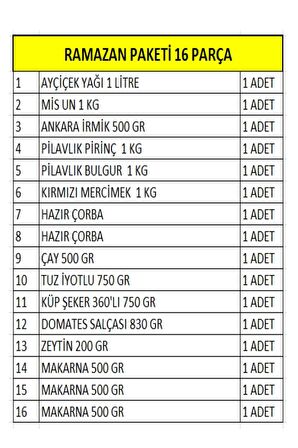 Ramazan Erzak Yardım Paketi Kumanya Kolisi 16 Parça