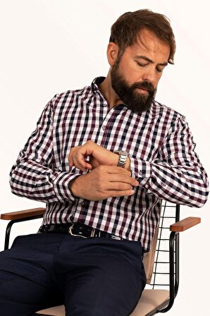 Bordo Lacivert Kareli Slimfit Erkek Gömlek