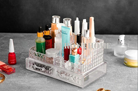 EVOYA HOME  2 Katlı Diamond Kozmetik Düzenleme Kutusu - 2 Çekmeceli 16 Bölmeli Takı Aksesuar Makyaj Organizeri