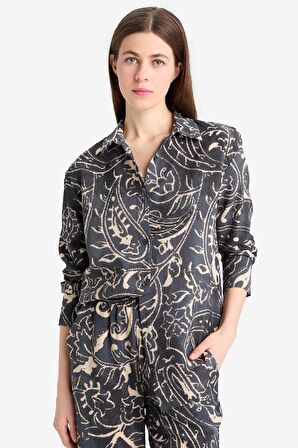 Oversize Geniş Kalıp Desenli Uzun Kollu Gömlek
