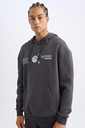DeFactoFit NBA Golden State Warriors Boxy Fit Kapüşonlu Baskılı Kalın Sweatshirt D0674AX24AUAR231