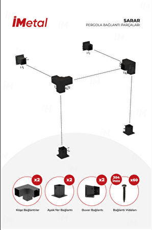 İmetal Sarar Duvardan Tek Bölümlü Hazır Ahşap Pergola Bağlantı Seti 90x90  mm Ahşaplar için
