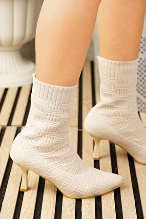 Günlük Kadın Bot Yüksek İnce Topuklu Triko Esnek Sivri Burunlu Tırtıklı Taban Rahat Bootie 170