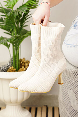 Günlük Kadın Bot Yüksek İnce Topuklu Triko Esnek Sivri Burunlu Tırtıklı Taban Rahat Bootie 170