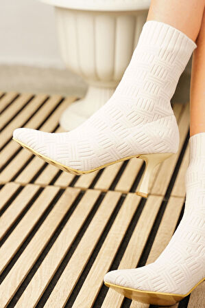 Günlük Kadın Bot Yüksek İnce Topuklu Triko Esnek Sivri Burunlu Tırtıklı Taban Rahat Bootie 170