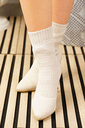 Günlük Kadın Bot Yüksek İnce Topuklu Triko Esnek Sivri Burunlu Tırtıklı Taban Rahat Bootie 170