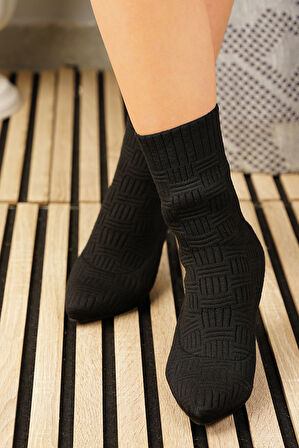 Günlük Kadın Bot Yüksek İnce Topuklu Triko Esnek Sivri Burunlu Tırtıklı Taban Rahat Bootie 170