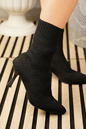 Günlük Kadın Bot Yüksek İnce Topuklu Triko Esnek Sivri Burunlu Tırtıklı Taban Rahat Bootie 170