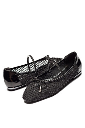 Kadın Boncuklu - Fileli Kemerli Babet Ayakkabı Siyah 1700