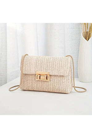 Dokuma Düz Renk Bej Tokalı Omuz Çantası