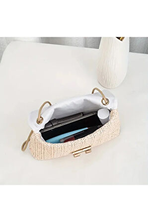 Dokuma Düz Renk Bej Tokalı Omuz Çantası