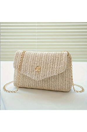 Dokuma Düz Renk Dokuma Bej Mıknatıslı Omuz Çantası