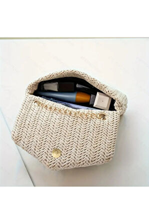 Dokuma Düz Renk Dokuma Bej Mıknatıslı Omuz Çantası