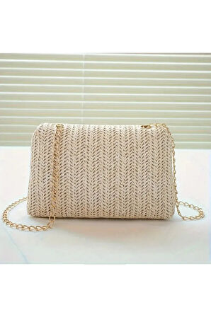 Dokuma Düz Renk Dokuma Bej Mıknatıslı Omuz Çantası