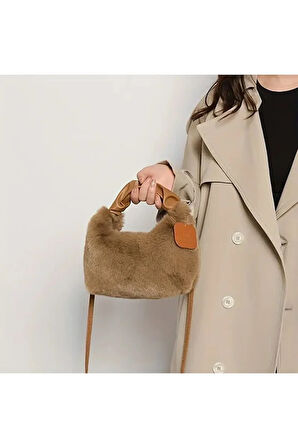 Kadın Şık Kürk Fermuarlı Yumuşak Peluş Omuz Çantası