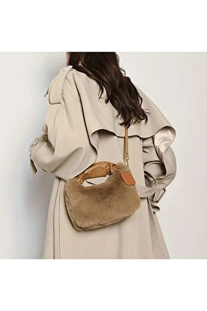 Kadın Şık Kürk Fermuarlı Yumuşak Peluş Omuz Çantası