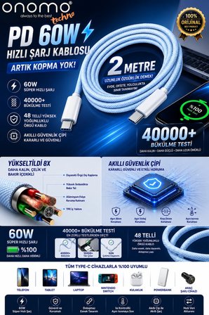 Techno 60w Hızlı Şarj 2 Metre Örgü Kablo Type-C Şarj Kablosu Iphone, Samsung, Xiomai, Huawei