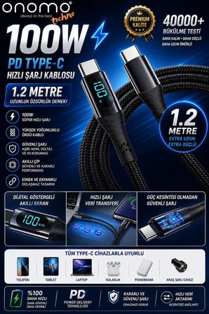 Techno 100w Type-c Dijital Göstergeli Şarj Ve Veri Kablosu, Örgülü, 120cm , Siyah