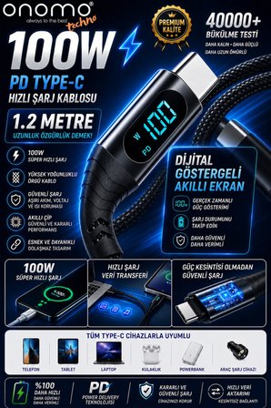 Techno 100w Type-c Dijital Göstergeli Şarj Ve Veri Kablosu, Örgülü, 120cm , Siyah
