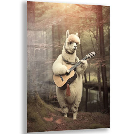 Hayvan Cam Tablo - Sevimli Dostlar Gitar Çalıyor - Dikey Motif 09-001