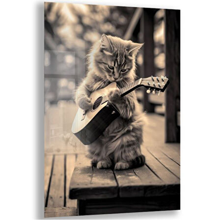 Hayvan Cam Tablo - Sevimli Dostlar Gitar Çalıyor - Dikey Motif 09-009