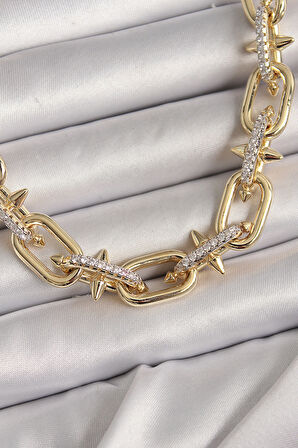 Pirinç Gold Renk Zirkon Taşlı Dikenli Halka Model VIP Exculusive Seri Kadın Kolye