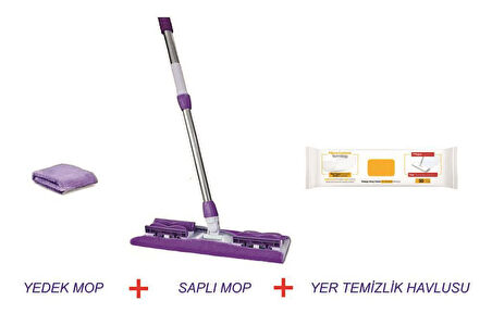 Tak Kullan Mandallı Mop Teleskopik Saplı + Yedek Mop + Yer Temizlik Havlusu