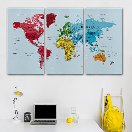 Harita Sepeti Detaylı Dünya Haritası Dekoratif Renkli Zeminli Kanvas Tablo 1700