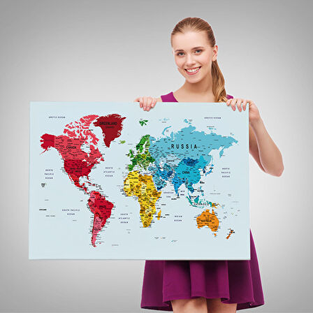 Harita Sepeti Detaylı Dünya Haritası Dekoratif Renkli Zeminli Kanvas Tablo 1700