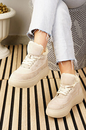 Günlük Kadın Bot Bağcıklı Yüksek Kalın Tabanlı Kürklü Oval Burunlu Süet Rahat Hafif Bootie 1701
