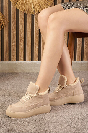 Günlük Kadın Bot Bağcıklı Yüksek Kalın Tabanlı Kürklü Oval Burunlu Süet Rahat Hafif Bootie 1701