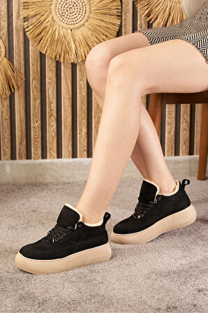 Günlük Kadın Bot Bağcıklı Yüksek Kalın Tabanlı Kürklü Oval Burunlu Süet Rahat Hafif Bootie 1701