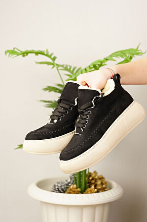 Günlük Kadın Bot Bağcıklı Yüksek Kalın Tabanlı Kürklü Oval Burunlu Süet Rahat Hafif Bootie 1701