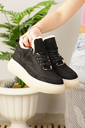 Günlük Kadın Bot Bağcıklı Yüksek Kalın Tabanlı Kürklü Oval Burunlu Süet Rahat Hafif Bootie 1701