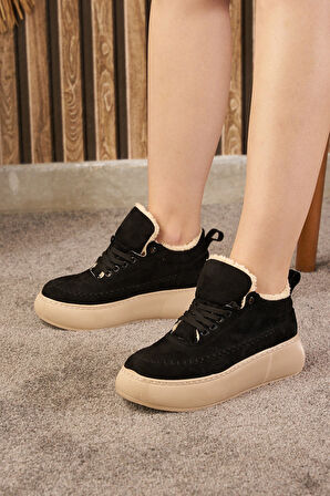 Günlük Kadın Bot Bağcıklı Yüksek Kalın Tabanlı Kürklü Oval Burunlu Süet Rahat Hafif Bootie 1701