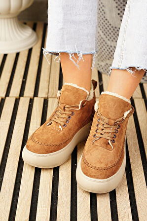 Günlük Kadın Bot Bağcıklı Yüksek Kalın Tabanlı Kürklü Oval Burunlu Süet Rahat Hafif Bootie 1701