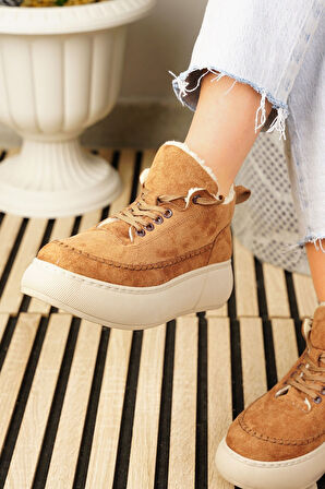 Günlük Kadın Bot Bağcıklı Yüksek Kalın Tabanlı Kürklü Oval Burunlu Süet Rahat Hafif Bootie 1701