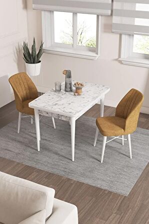 Rovena Lera Beyaz Mermer 70x110 Sabit Mdf Yemek Odası Takımı 2 Adet Sandalye