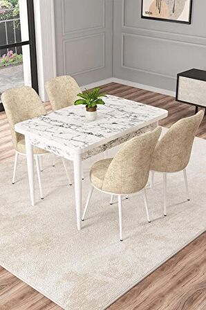 Rovena Duru Beyaz Mermer 70x110 Sabit Mdf Yemek Odası Takımı 4 Adet Sandalye