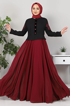 Nakışlı Şifon Abiye Bordo 9888