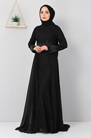 Taş Detaylı Balık Abiye Siyah 8855