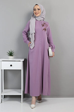 Nakışlı Tesettür Ferace Lila 10773
