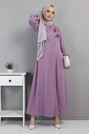 Nakışlı Tesettür Ferace Lila 10773