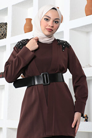 Dantel Detaylı Tulum Takım Kahverengi 19003