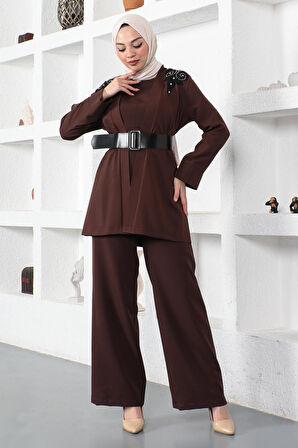 Dantel Detaylı Tulum Takım Kahverengi 19003