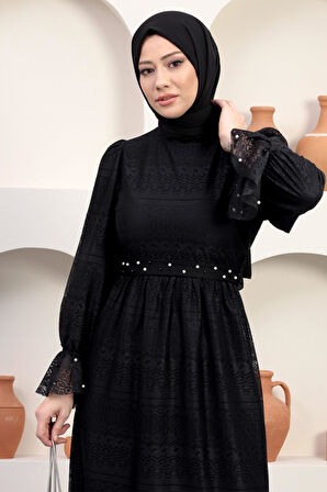 İnci Detaylı Dantel Abiye Siyah 12239