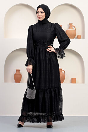 İnci Detaylı Dantel Abiye Siyah 12239