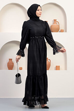 İnci Detaylı Dantel Abiye Siyah 12239