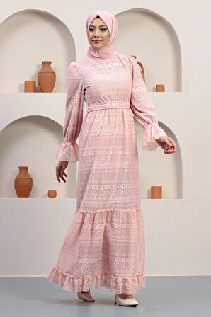 İnci Detaylı Dantel Abiye Pudra 12239